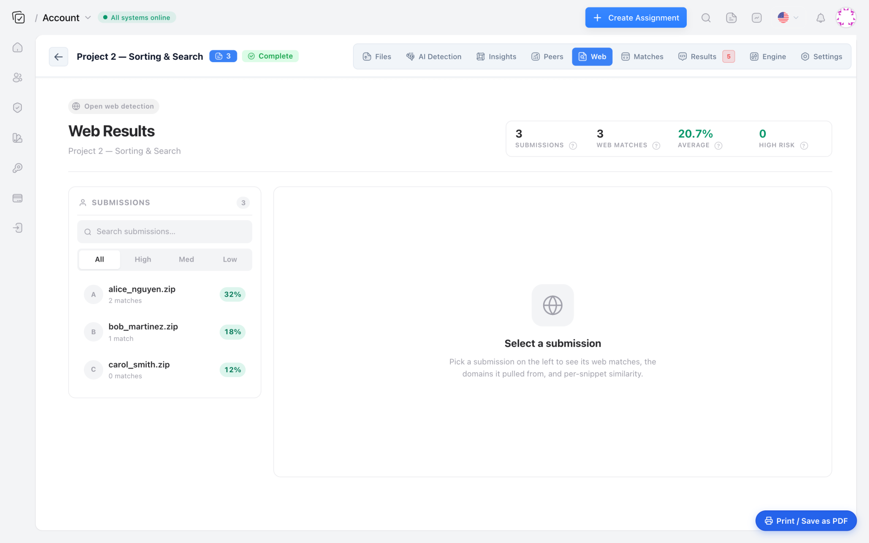 Codequiry web results tracing copied code to GitHub, Stack Overflow and the open web