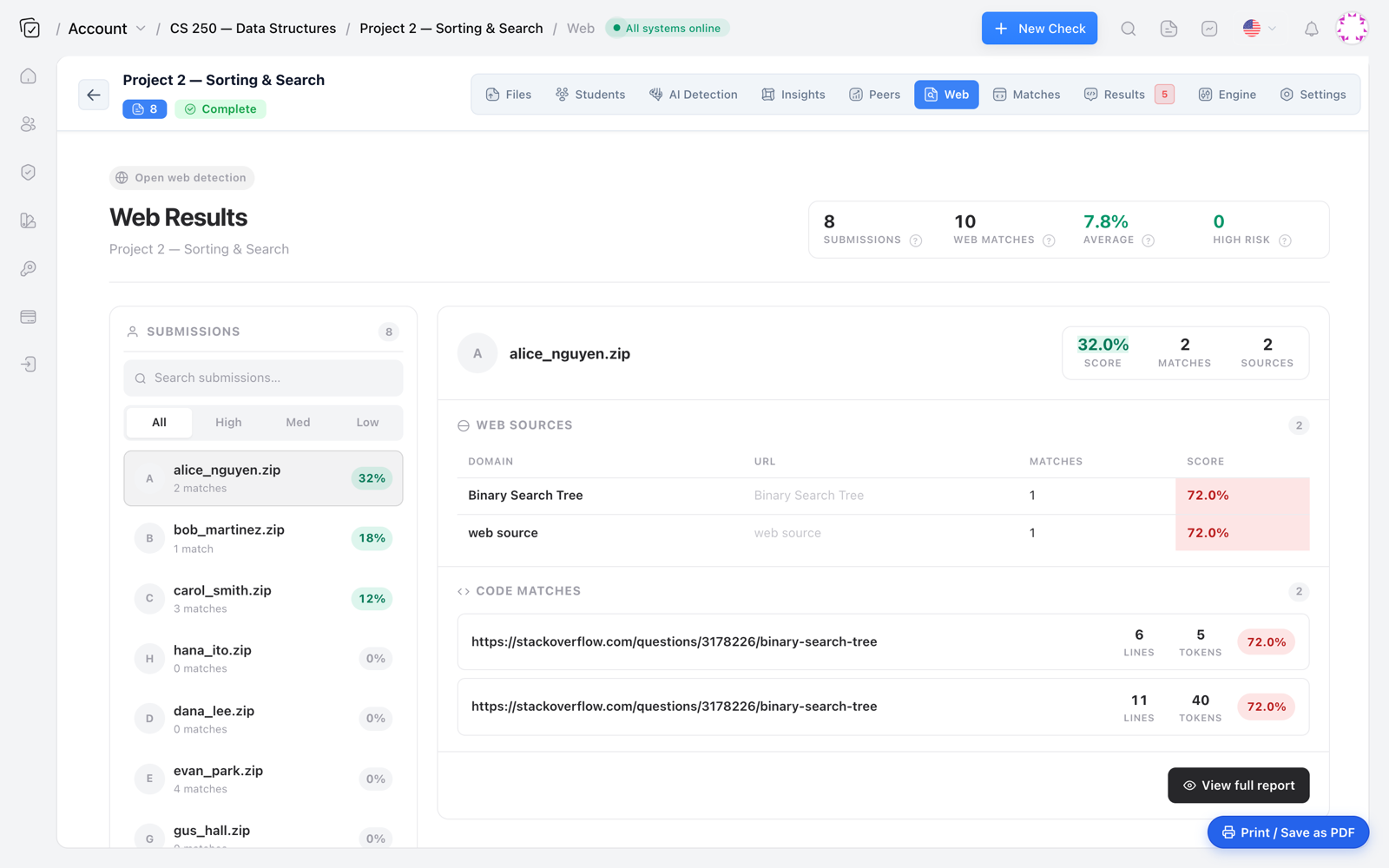 Codequiry web results tracing a submission to a Stack Overflow question with line and token counts