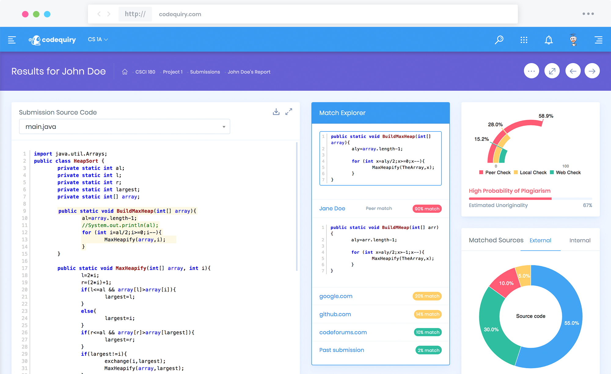 Browser mockup showing Codequiry UI