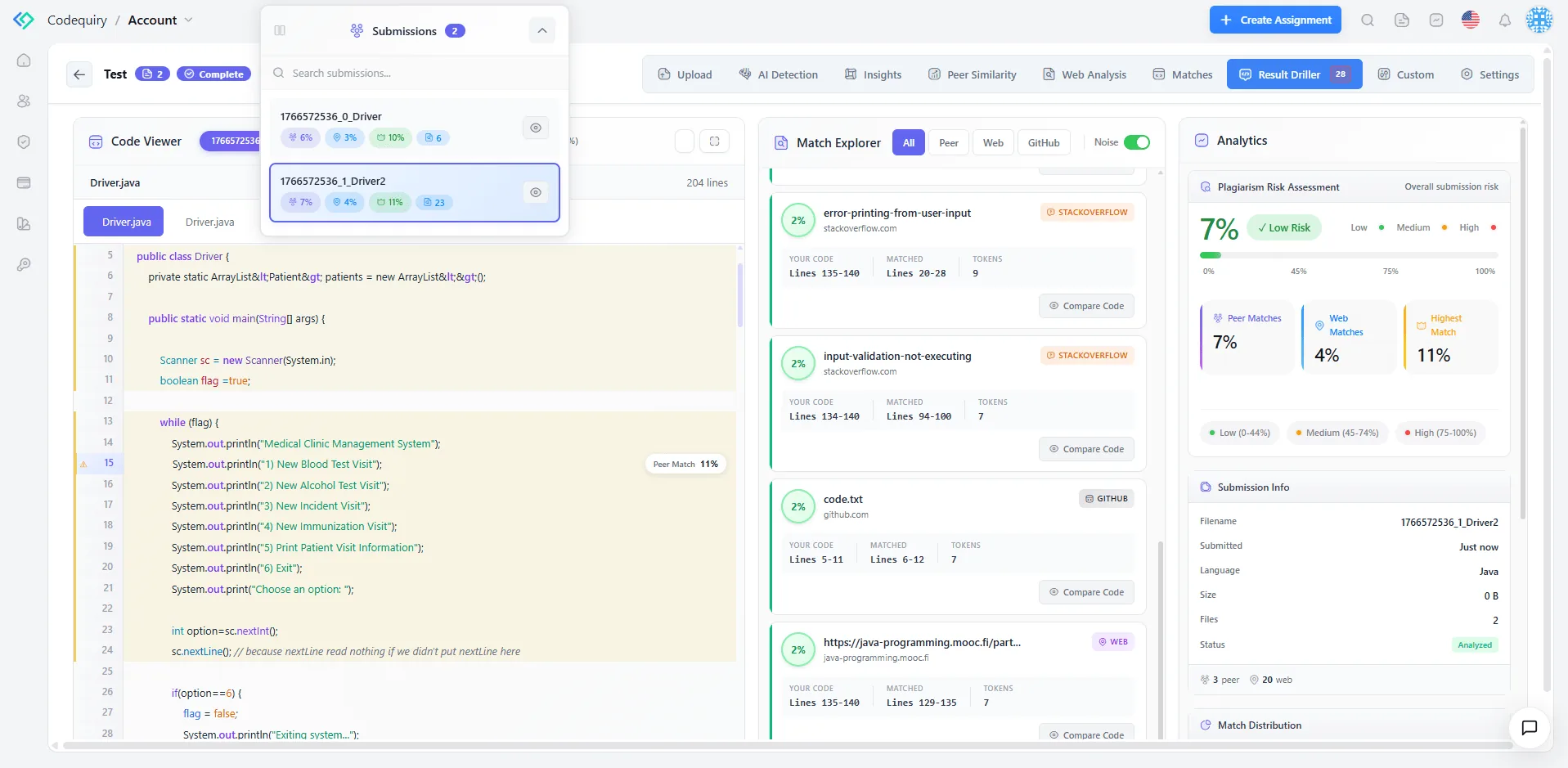 Codequiry plagiarism detection dashboard showing student submission analysis